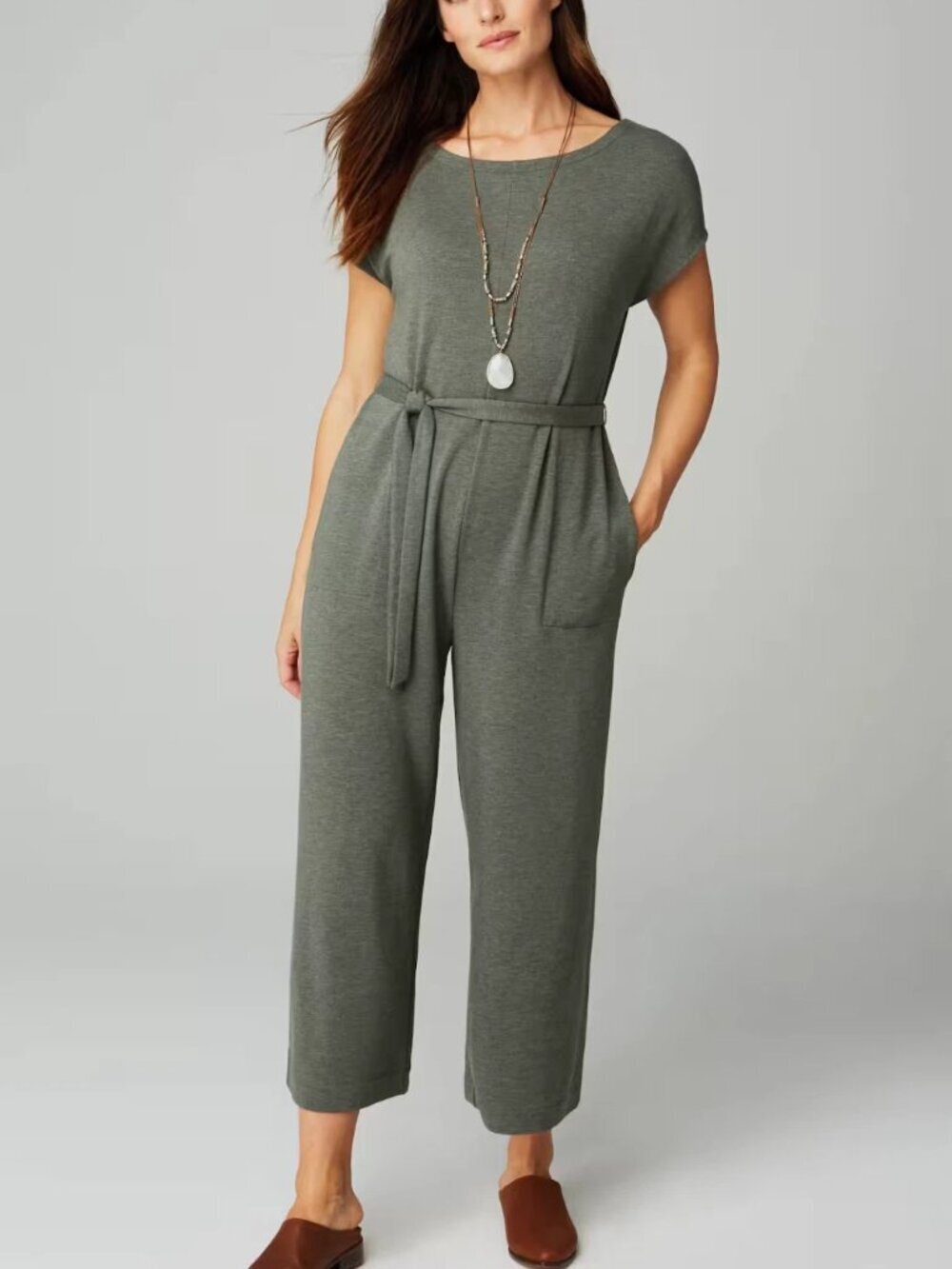 J Jill Wide Leg Ankle Jumpsuit Moss Green Heather Terry Belted Womens Small